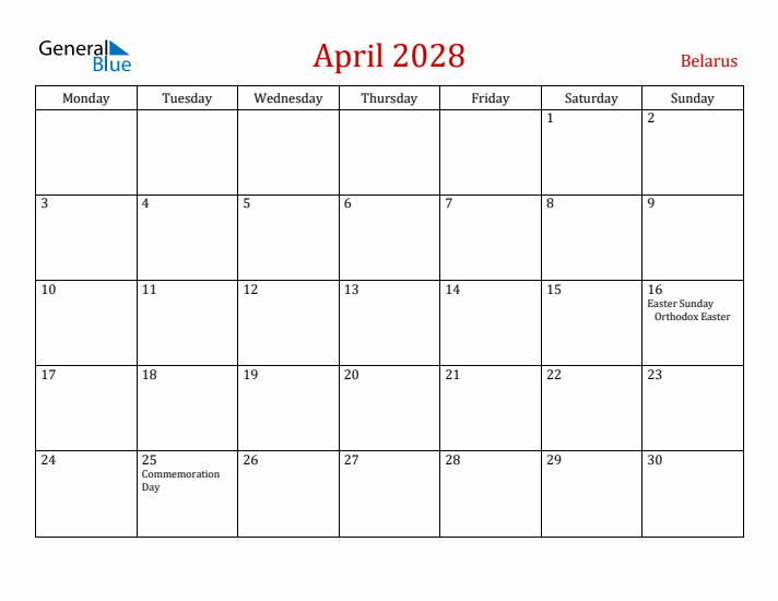 Belarus April 2028 Calendar - Monday Start