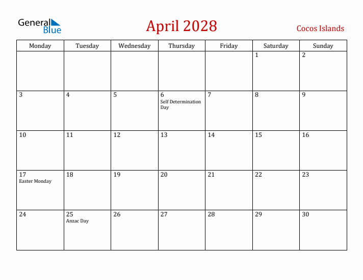 Cocos Islands April 2028 Calendar - Monday Start