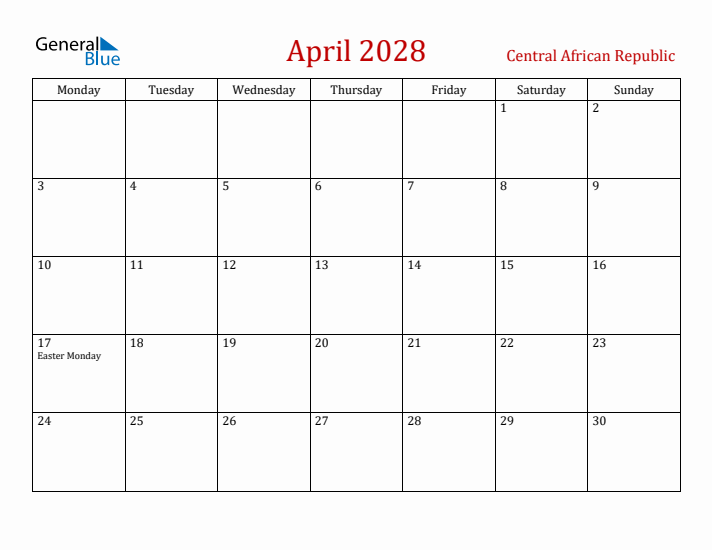 Central African Republic April 2028 Calendar - Monday Start