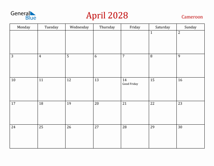 Cameroon April 2028 Calendar - Monday Start