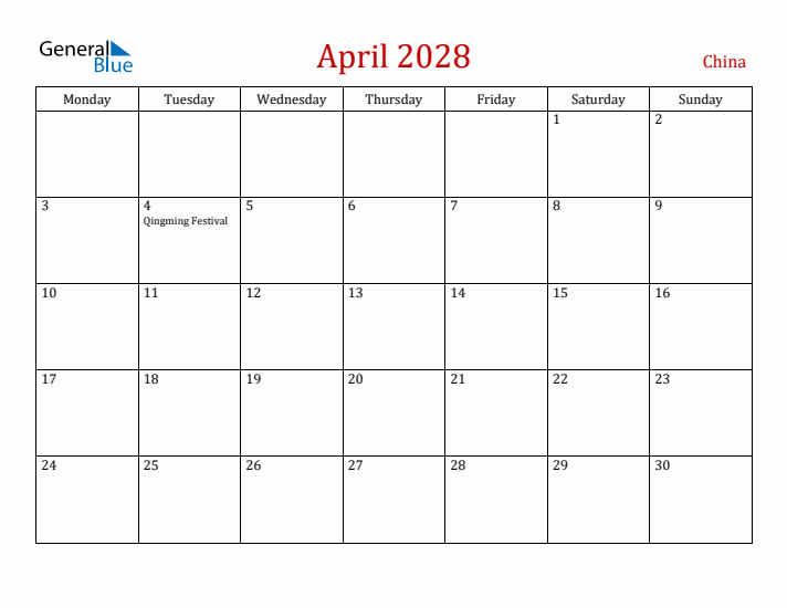 China April 2028 Calendar - Monday Start