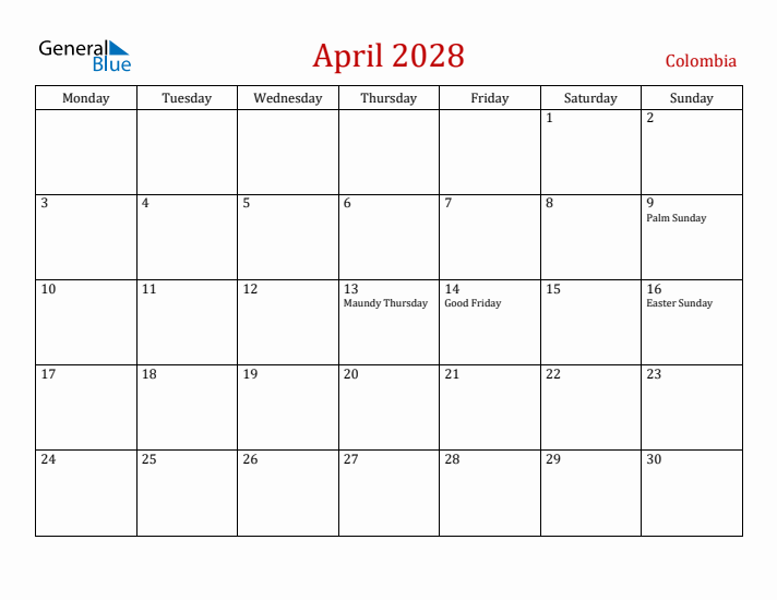 Colombia April 2028 Calendar - Monday Start
