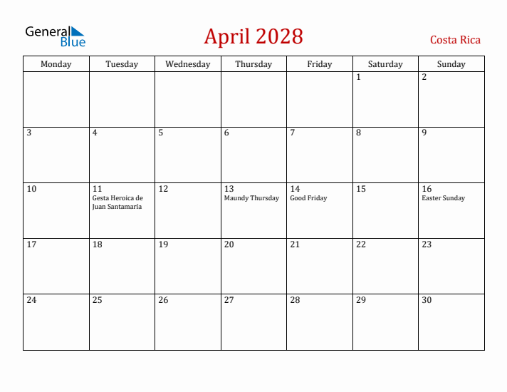 Costa Rica April 2028 Calendar - Monday Start
