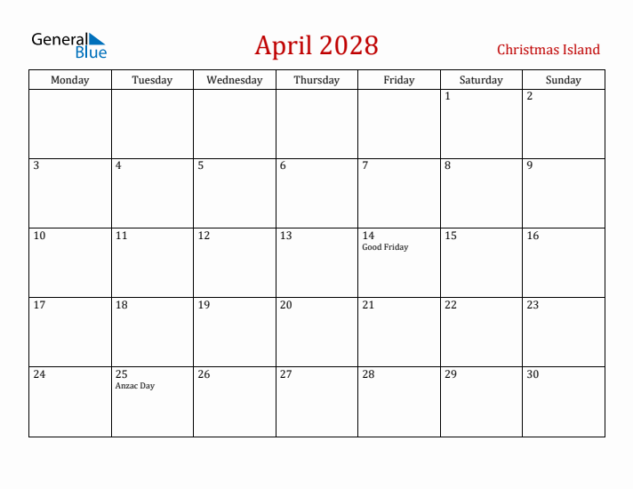 Christmas Island April 2028 Calendar - Monday Start