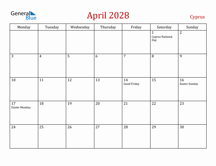 Cyprus April 2028 Calendar - Monday Start