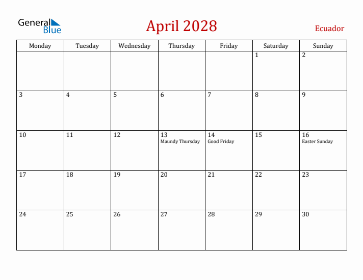 Ecuador April 2028 Calendar - Monday Start