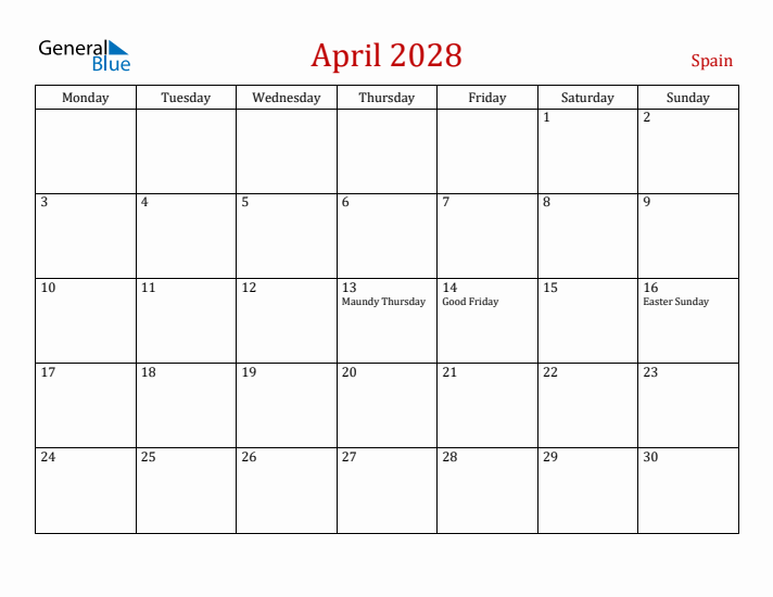 Spain April 2028 Calendar - Monday Start