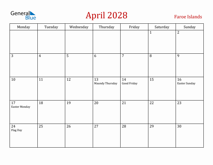 Faroe Islands April 2028 Calendar - Monday Start
