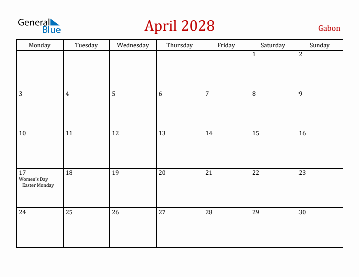 Gabon April 2028 Calendar - Monday Start