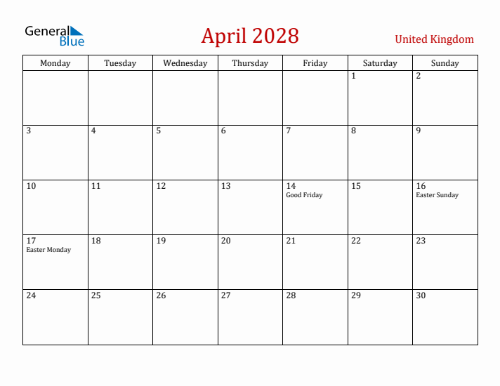 United Kingdom April 2028 Calendar - Monday Start