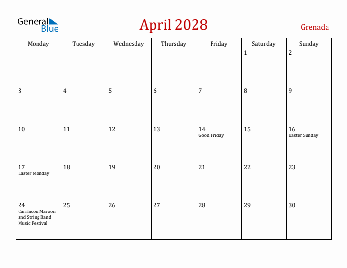Grenada April 2028 Calendar - Monday Start