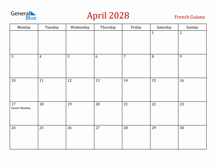 French Guiana April 2028 Calendar - Monday Start