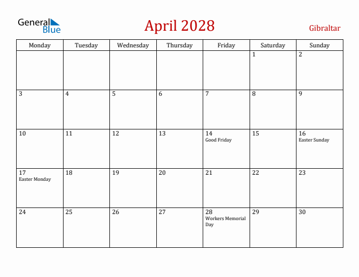 Gibraltar April 2028 Calendar - Monday Start