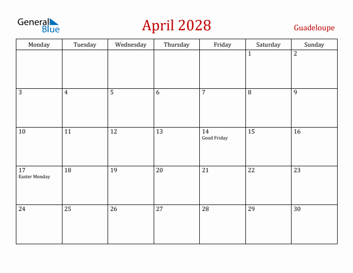 Guadeloupe April 2028 Calendar - Monday Start
