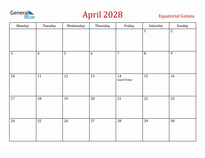 Equatorial Guinea April 2028 Calendar - Monday Start