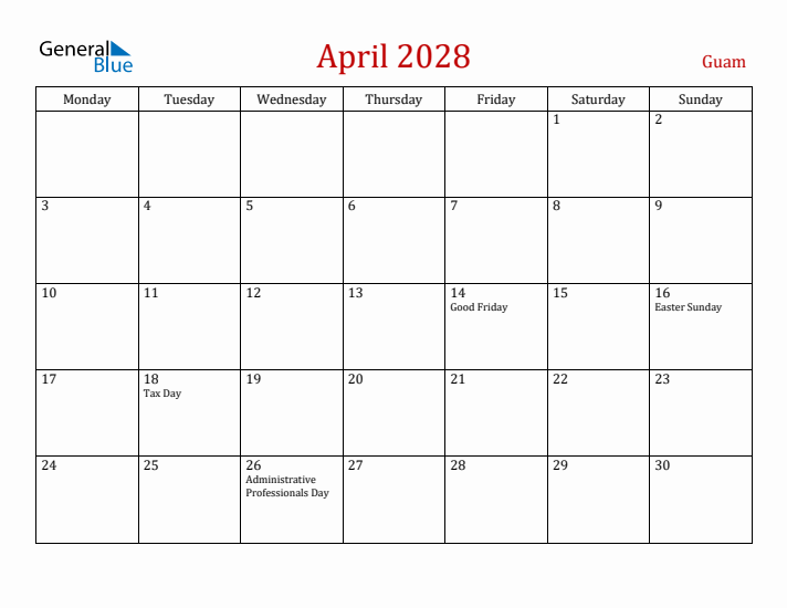 Guam April 2028 Calendar - Monday Start