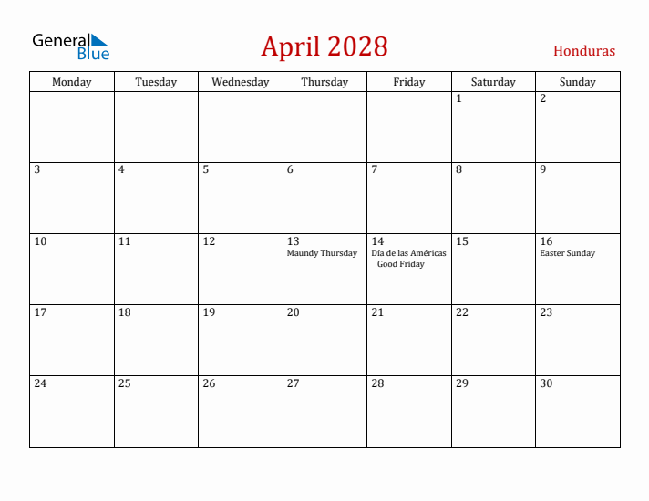 Honduras April 2028 Calendar - Monday Start