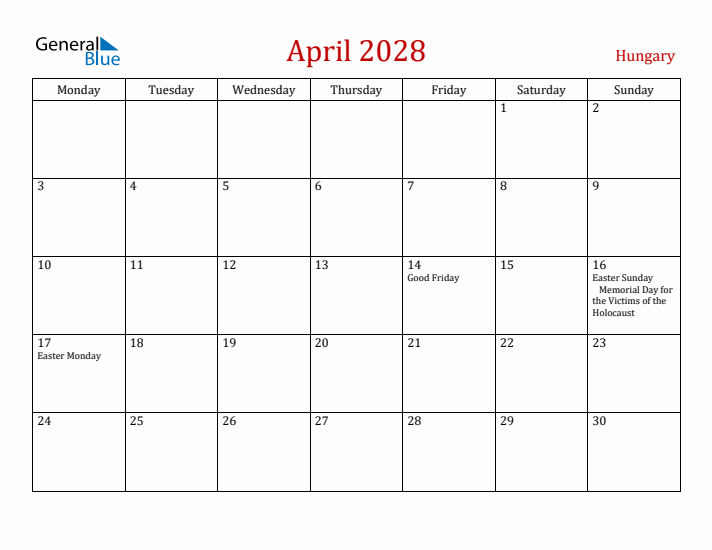 Hungary April 2028 Calendar - Monday Start