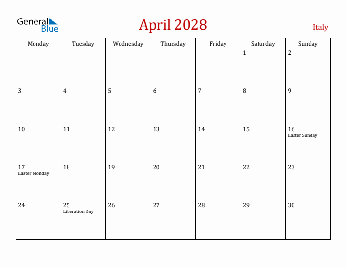 Italy April 2028 Calendar - Monday Start