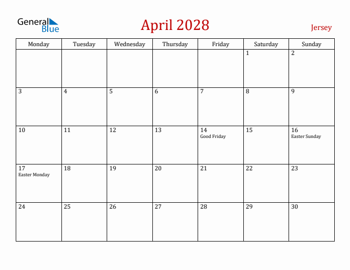 Jersey April 2028 Calendar - Monday Start
