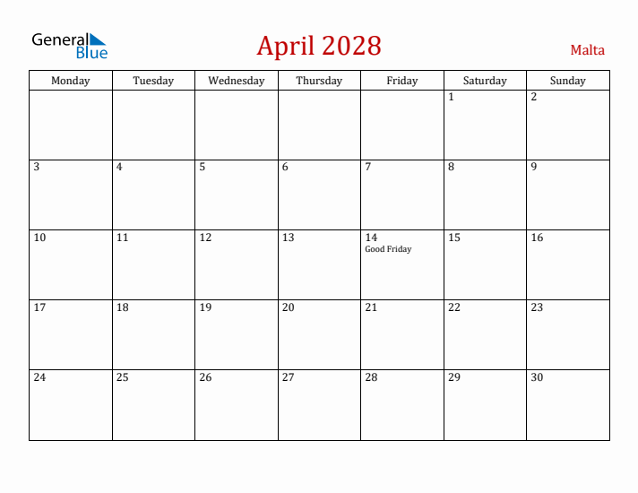 Malta April 2028 Calendar - Monday Start