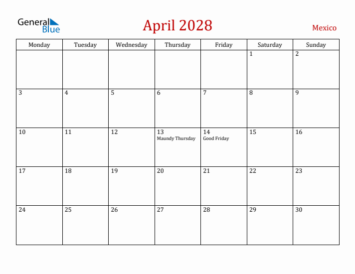 Mexico April 2028 Calendar - Monday Start