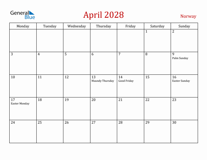 Norway April 2028 Calendar - Monday Start