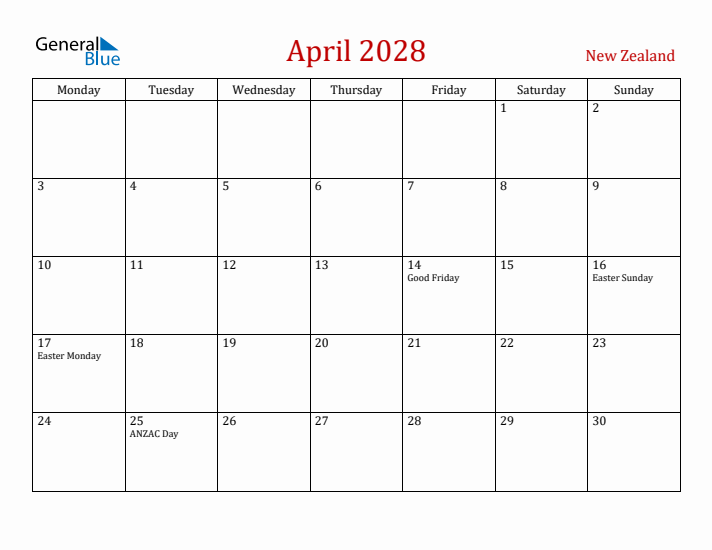 New Zealand April 2028 Calendar - Monday Start