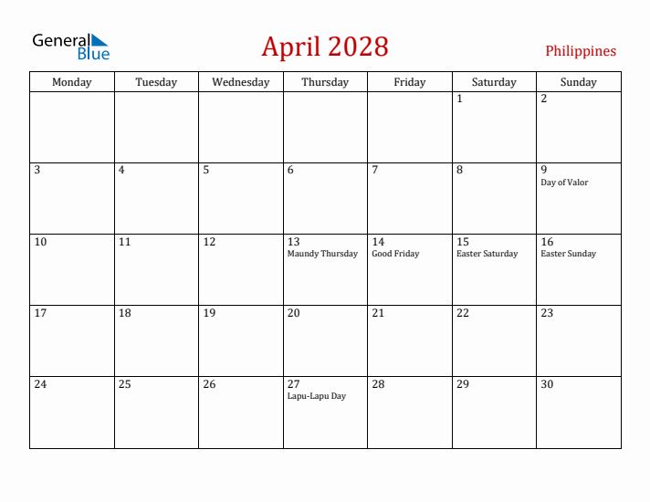 Philippines April 2028 Calendar - Monday Start