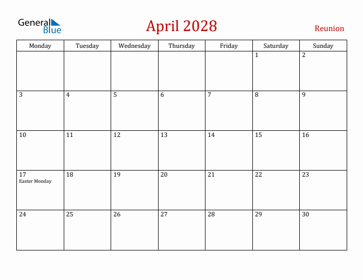 Reunion April 2028 Calendar - Monday Start