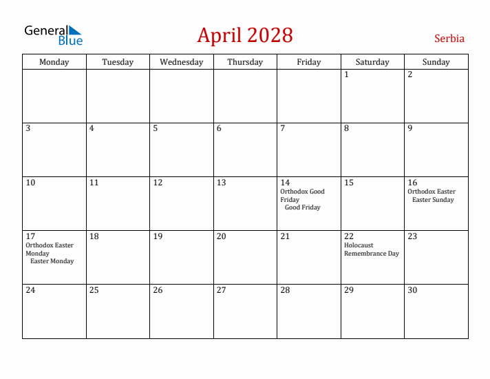 Serbia April 2028 Calendar - Monday Start