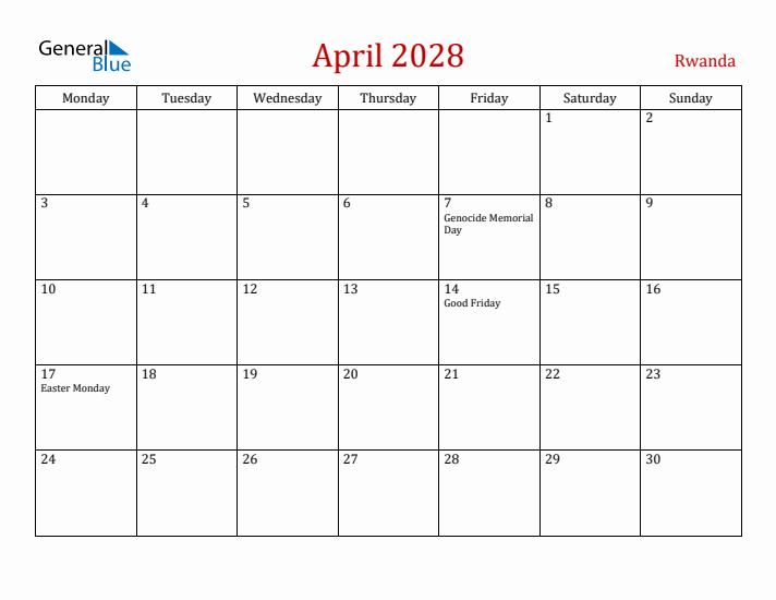 Rwanda April 2028 Calendar - Monday Start