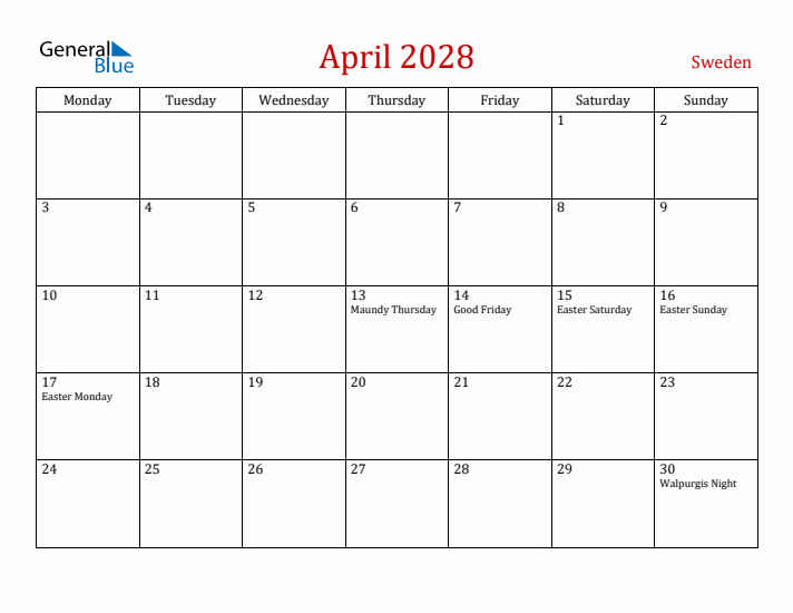 Sweden April 2028 Calendar - Monday Start