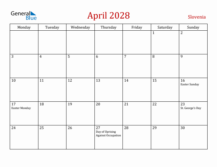 Slovenia April 2028 Calendar - Monday Start