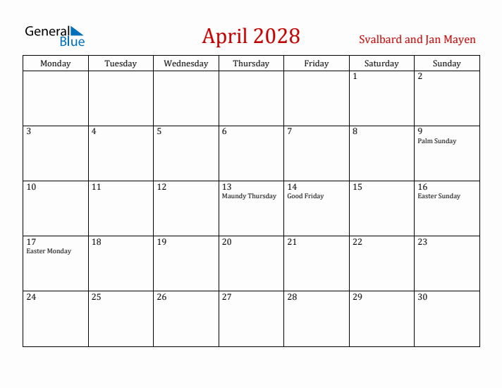 Svalbard and Jan Mayen April 2028 Calendar - Monday Start