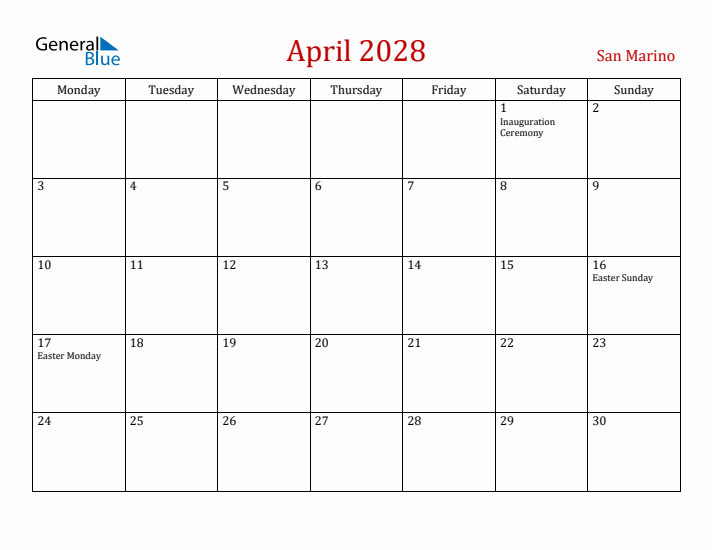 San Marino April 2028 Calendar - Monday Start