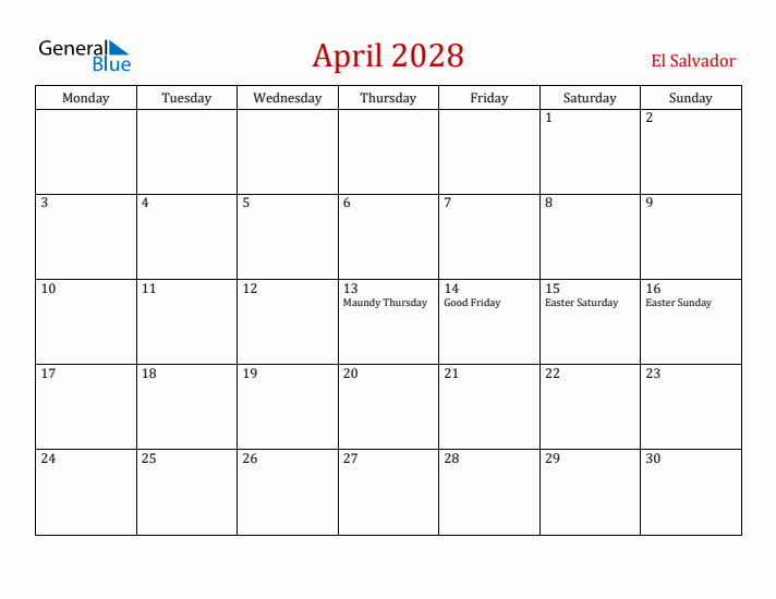 El Salvador April 2028 Calendar - Monday Start