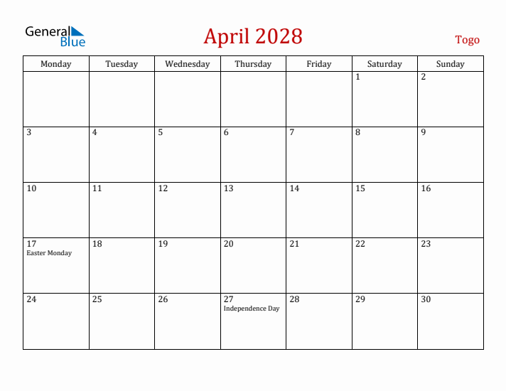 Togo April 2028 Calendar - Monday Start