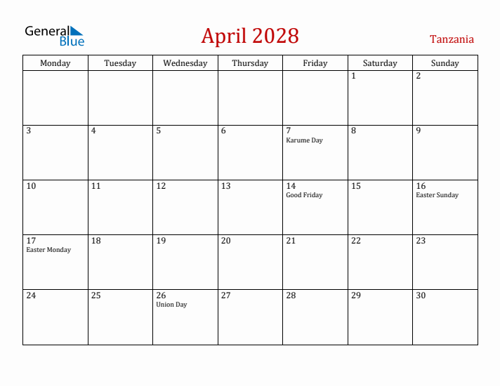Tanzania April 2028 Calendar - Monday Start