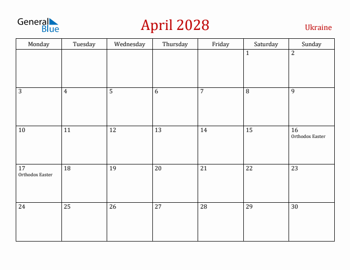 Ukraine April 2028 Calendar - Monday Start