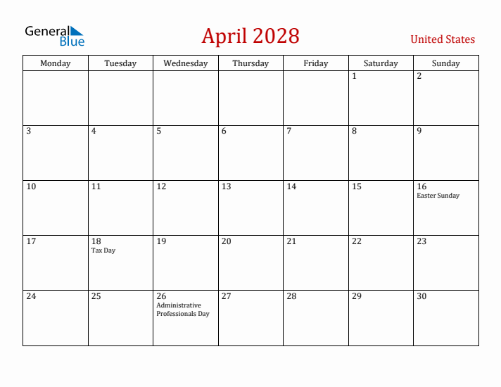 United States April 2028 Calendar - Monday Start
