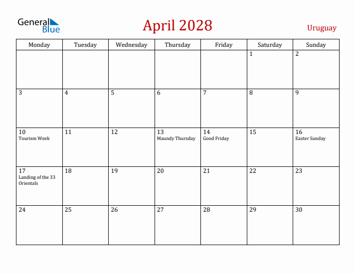 Uruguay April 2028 Calendar - Monday Start