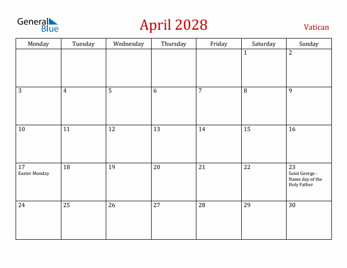 Vatican April 2028 Calendar - Monday Start