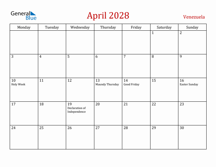 Venezuela April 2028 Calendar - Monday Start