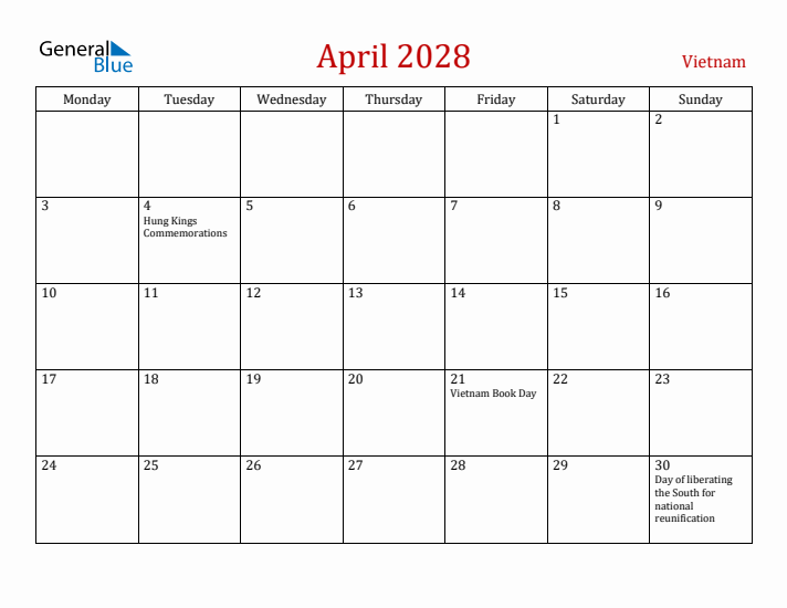 Vietnam April 2028 Calendar - Monday Start