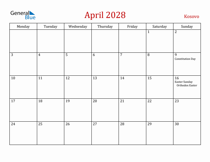 Kosovo April 2028 Calendar - Monday Start