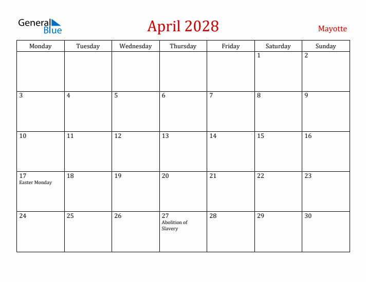Mayotte April 2028 Calendar - Monday Start