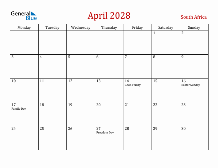 South Africa April 2028 Calendar - Monday Start