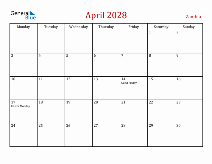 Zambia April 2028 Calendar - Monday Start