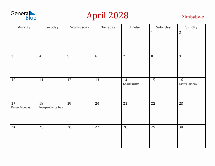 Zimbabwe April 2028 Calendar - Monday Start